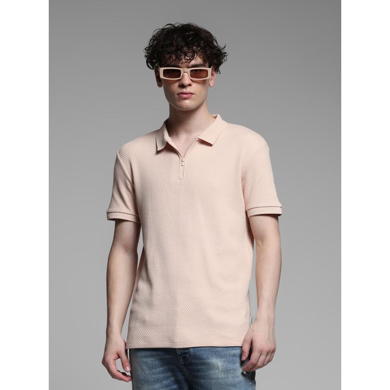 Jack & Jones Pink Cotton Regular Fit Textured Polo T-Shirt (XL)