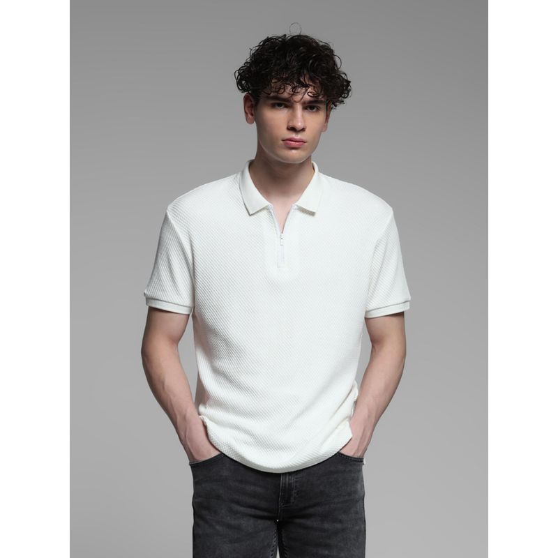 Jack & Jones White Cotton Regular Fit Textured Polo T-Shirt (2XL)