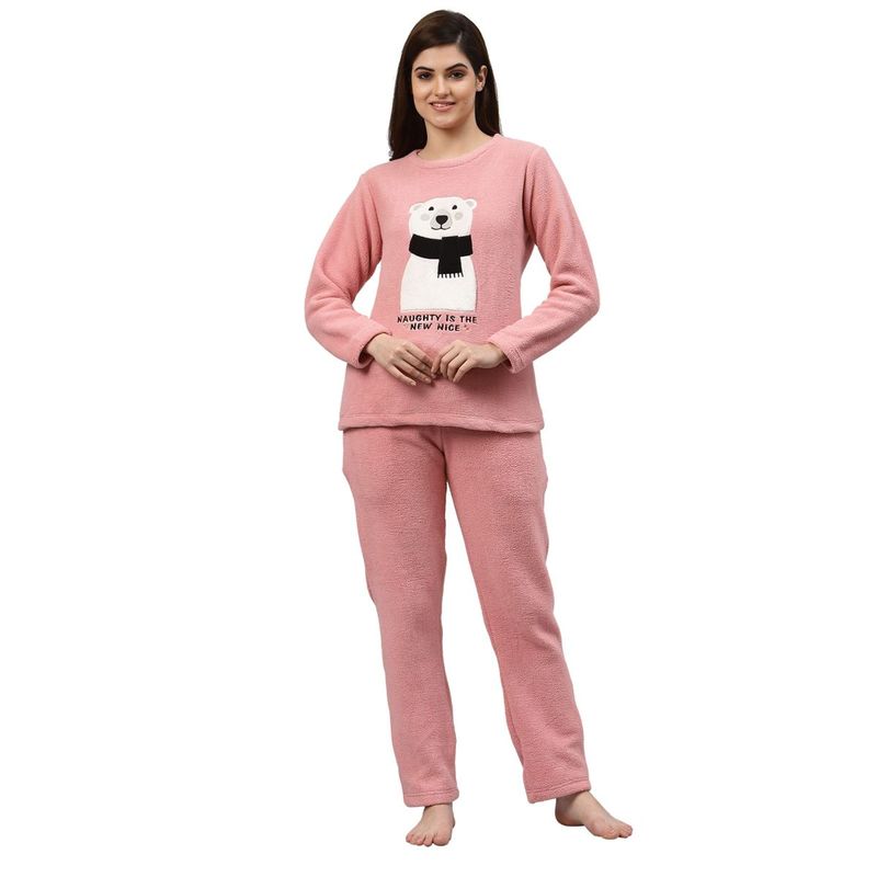 Women's Fleece full Sleevs Nightsuit Set with Lace Detail