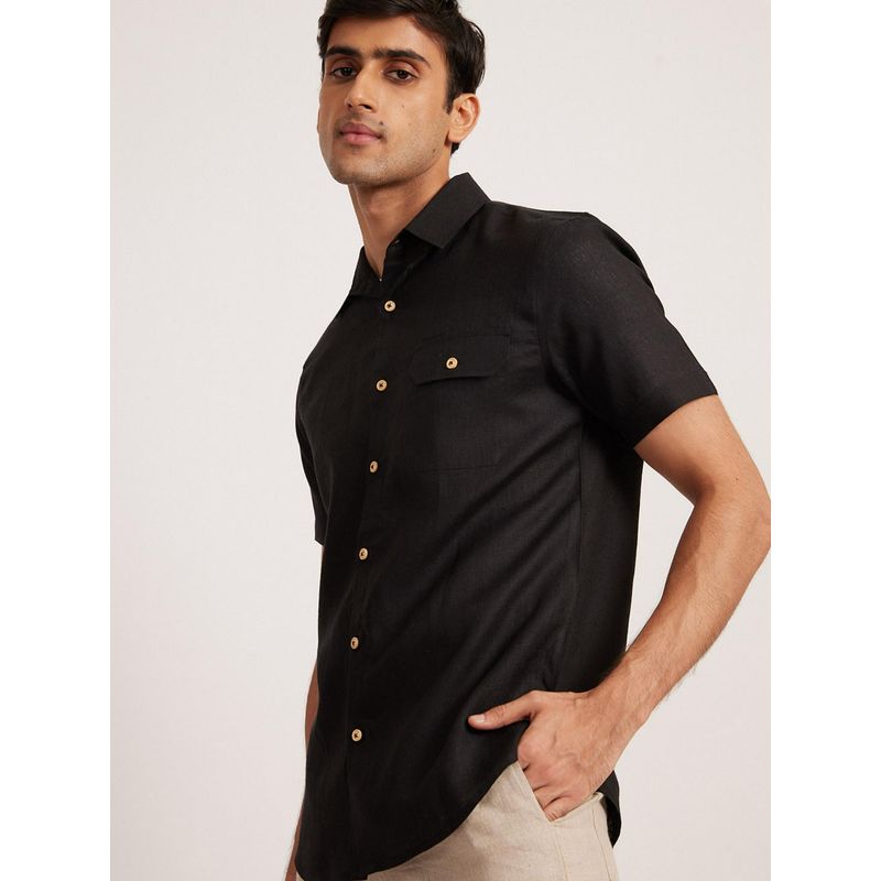 Creatures of Habit Short Sleeve Midnight Black Linen Shirt (M)