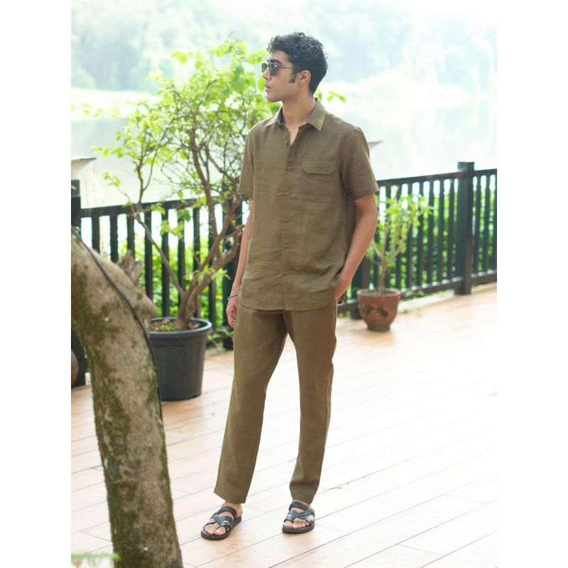 Creatures of Habit Linen Shirt Short Sleeve Olive Green (M)
