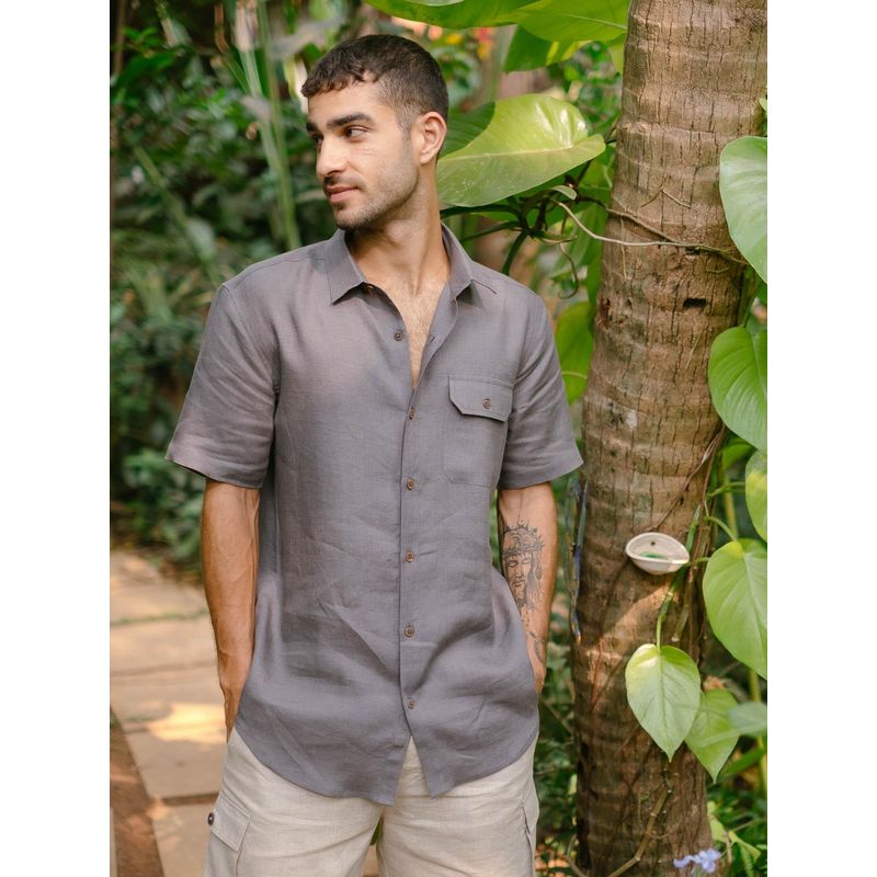 Creatures of Habit Linen Shirt Short Sleeve Slate Grey (S)