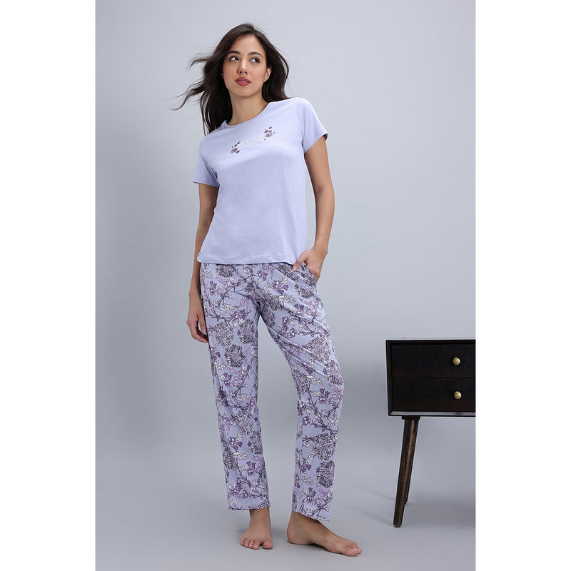 Zivame Floral Hush Knit Cotton Nightsuit - Heirloom Lilac (XL)