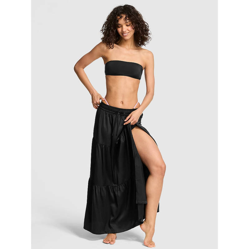 Victoria's Secret Black Charmed Satin Tiered Maxi Skirt (XS)