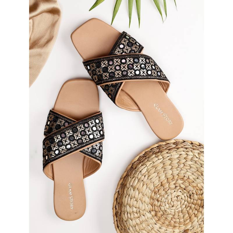 GLAM STORY Black and Golden Work Open Toe Flats for Women (EURO 36)