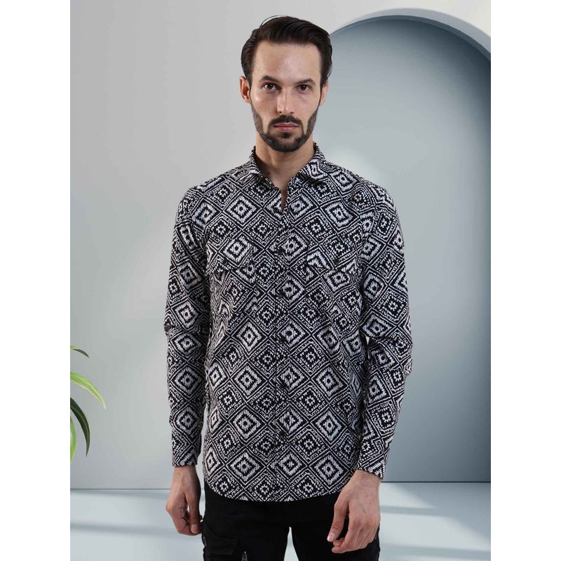 BOTABOCHI Mens Full-Sleeve Jute Shirt with Tribal Print (M)