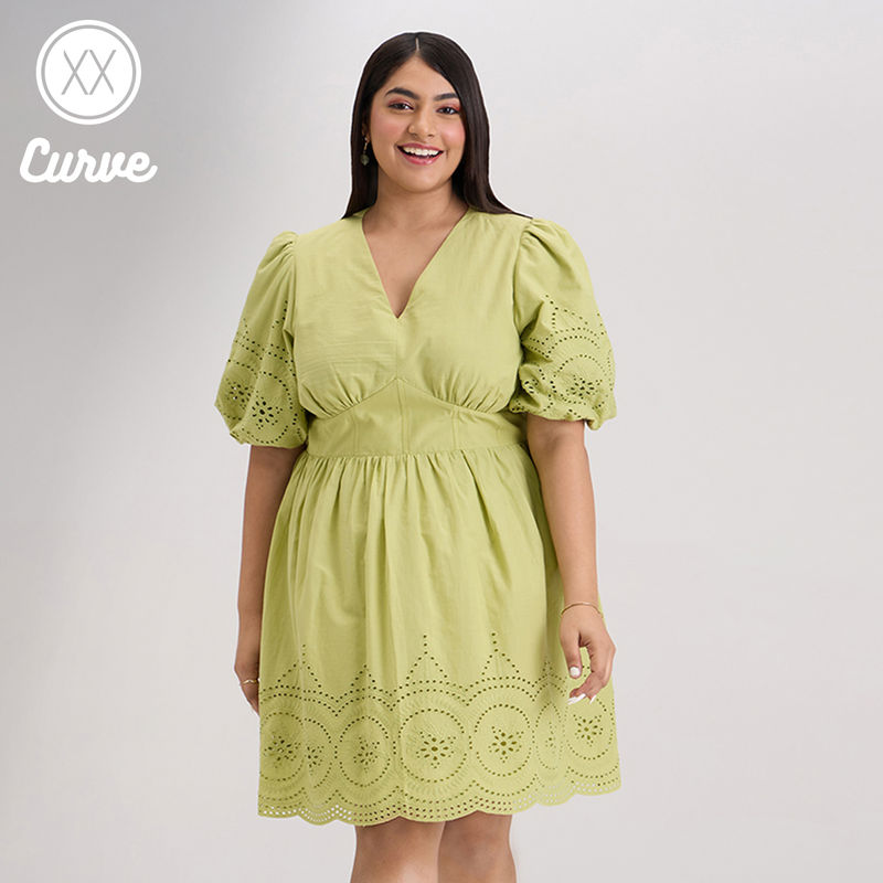 Twenty Dresses by Nykaa Fashion Curve Light Green Puff Sleeves Solid Short Dress (2XL)