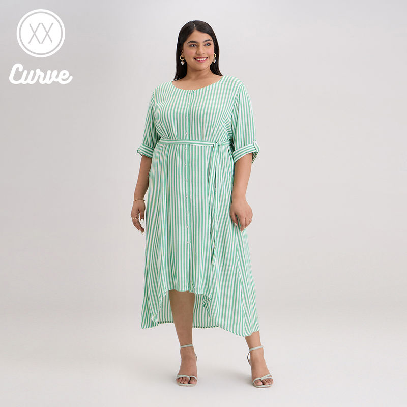 Twenty Dresses by Nykaa Fashion Curve Green and White Striped Sheath Midi Dress (3XL)