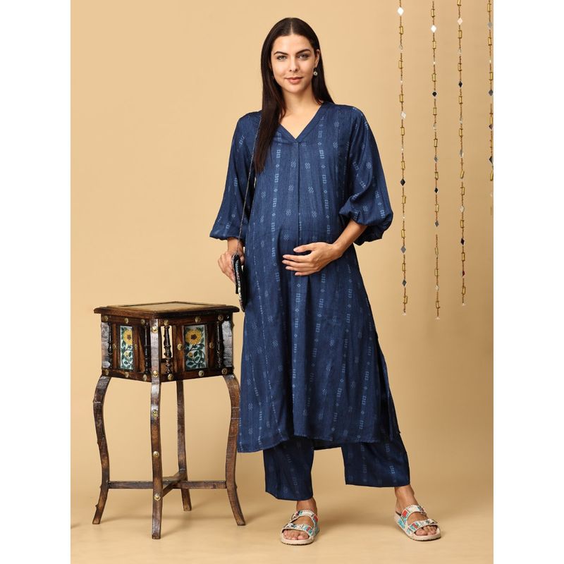 The Mom Store Blue Maternity Nursing Kurta with Pant (Set of 2) (S)