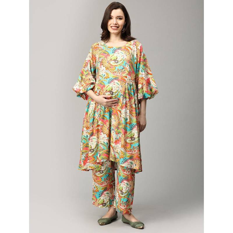 The Mom Store Multi-Color Whimsical Paisley Maternity Nursing Kurta with Pant (Set of 2) (S)