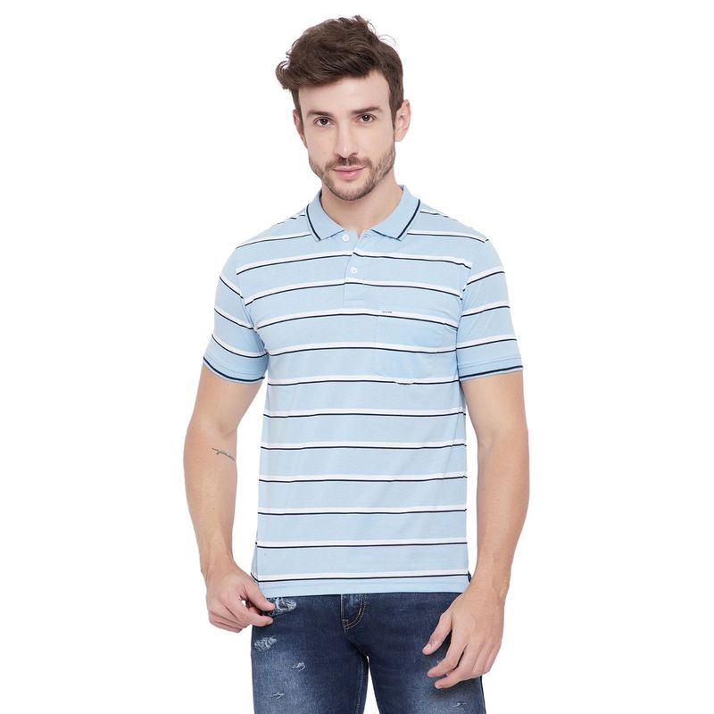 Okane Men Blue Stripes Polo Collar T-Shirt (M)