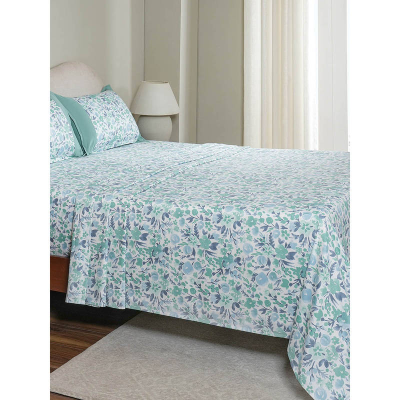 Maspar 100% Cotton Blue Floral Printed Bedsheet with 2 Pillow Covers (King)