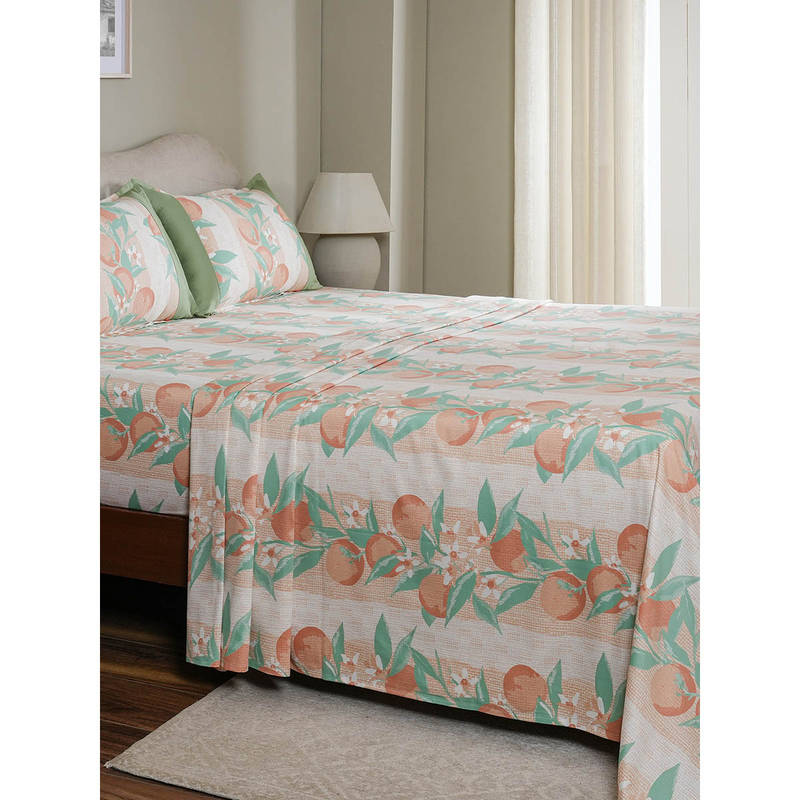 Maspar 100% Cotton Peach Floral Printed Bedsheet with 2 Pillow Covers (Queen)