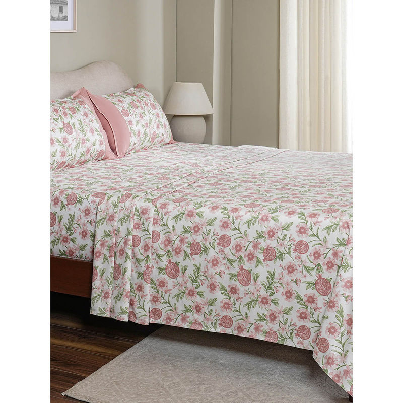 Maspar 100% Cotton Pink Printed Bedsheet with 2 Pillow Covers (Queen)
