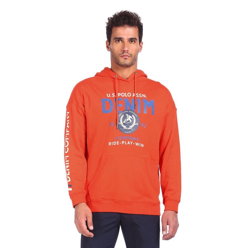 U.S. POLO ASSN. Men Orange Drawstring Hood Brand Print Sweatshirt (L)