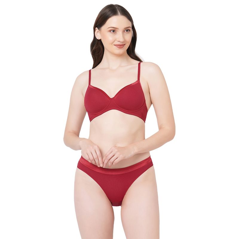 SOIE Women Semi Coverage Padded T-Shirt Bra With Low Rise Matching Panty Red (Set of 2) (34B)