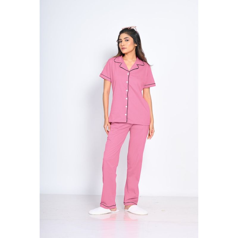 NAP STORY Pink Half-Sleeves Solid Shirt and Pyjama (Set of 2) (S)