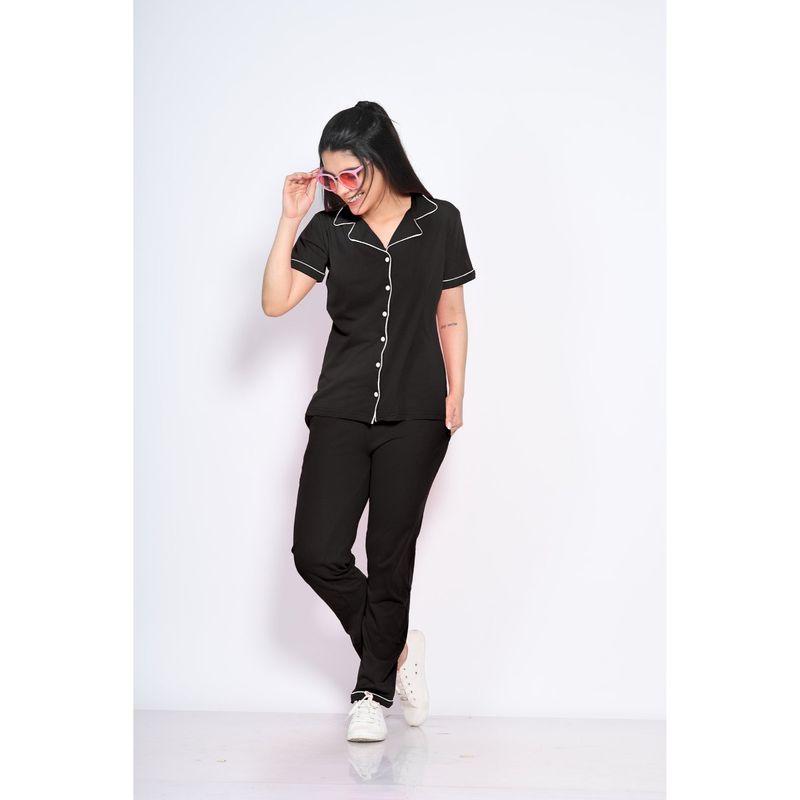 NAP STORY Black Half-Sleeves Solid Shirt and Pyjama (Set of 2) (M)
