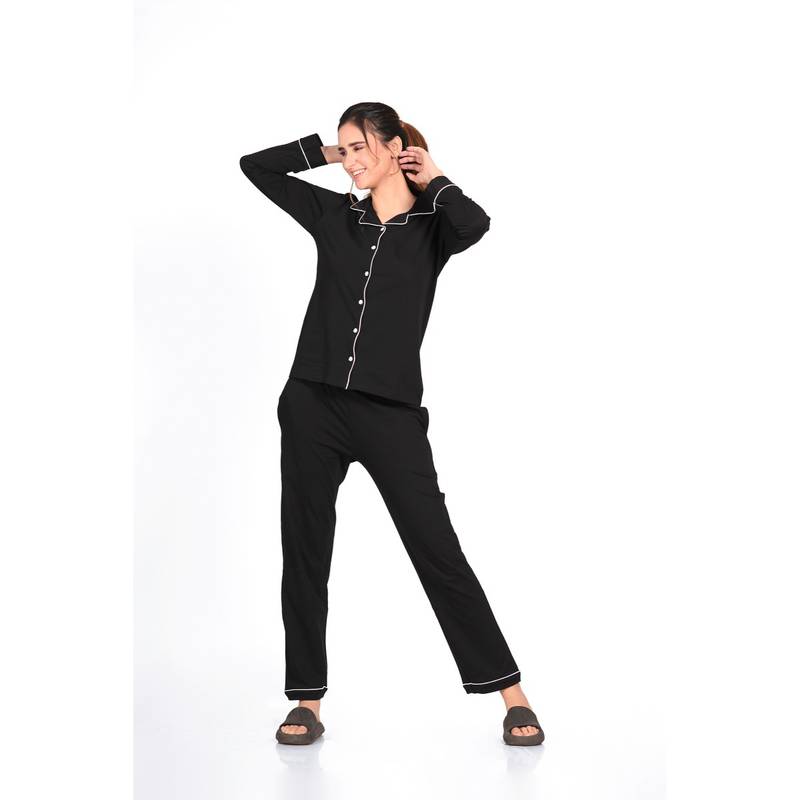 NAP STORY Black Solid Full-Sleeves Shirt and Pyjama (Set of 2) (XL)