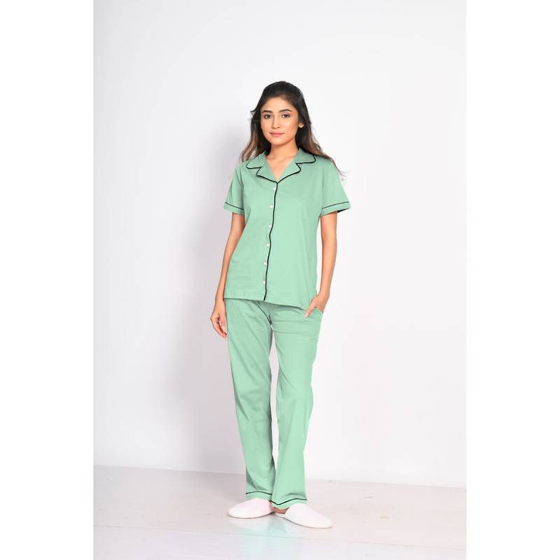 NAP STORY Sage Green Half-Sleeves Solid Shirt and Pyjama (Set of 2) (2XL)