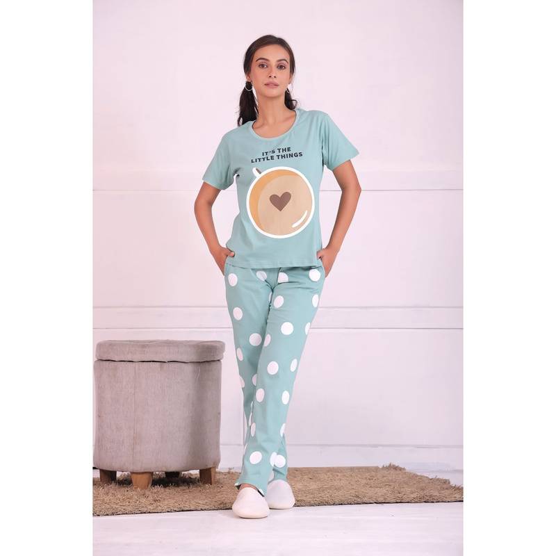 NAP STORY Cappuccino Polka Printed Half-Sleeves T-Shirt and Pyjama (Set of 2) (S)
