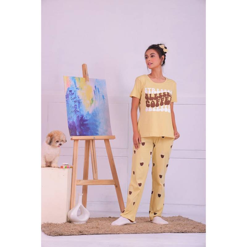 NAP STORY Coffee Printed Half-Sleeves T-Shirt and Pyjama (Set of 2) (S)