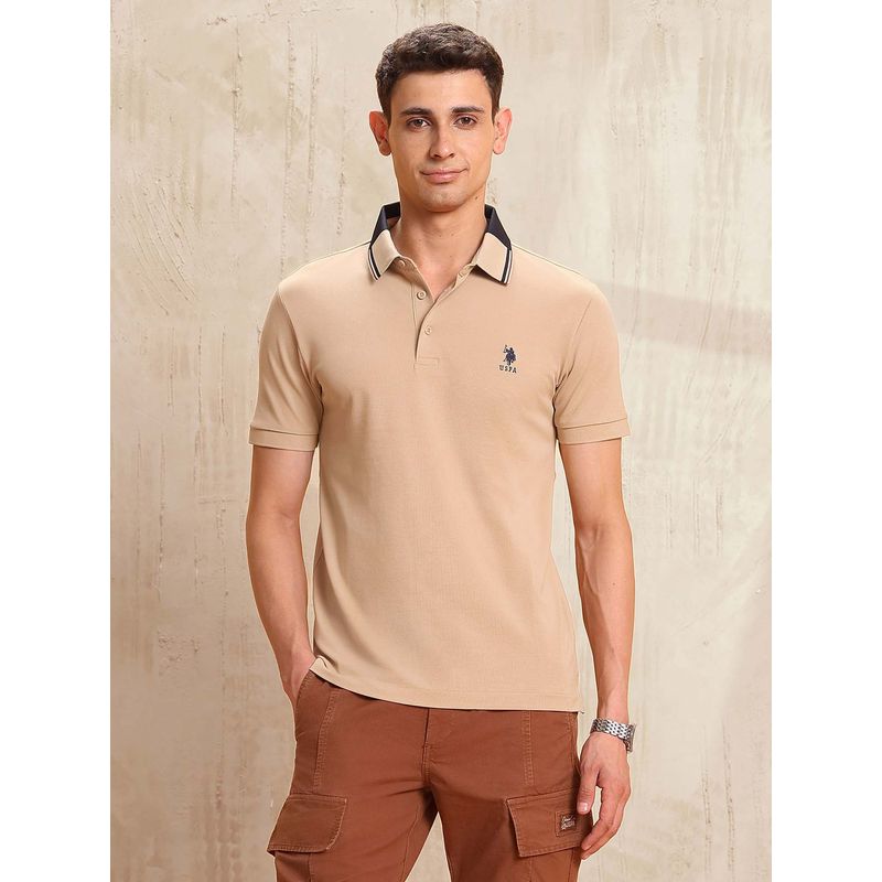 U.S. POLO ASSN. Beige Cotton Half Sleeves Polo T-Shirt (L)