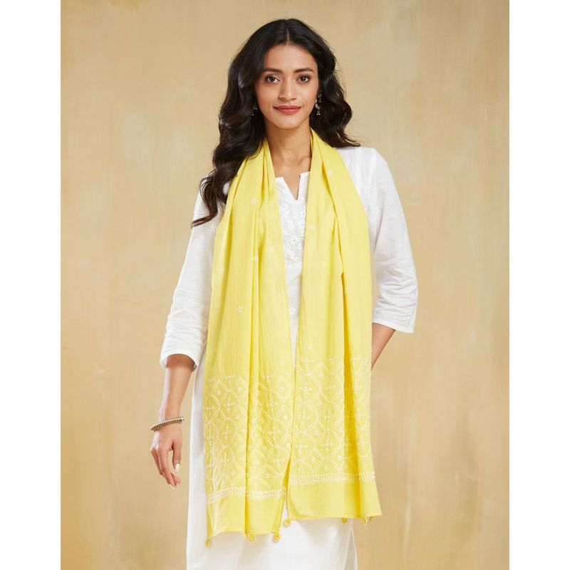 Yellow- Hand Embroidered Lucknow Chikankari Cotton Stole 12