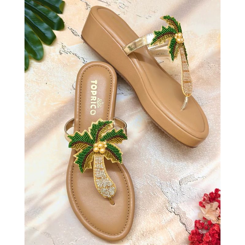 Toprico Tropical Beads Embroidered Platform Tan Heels (EURO 38)