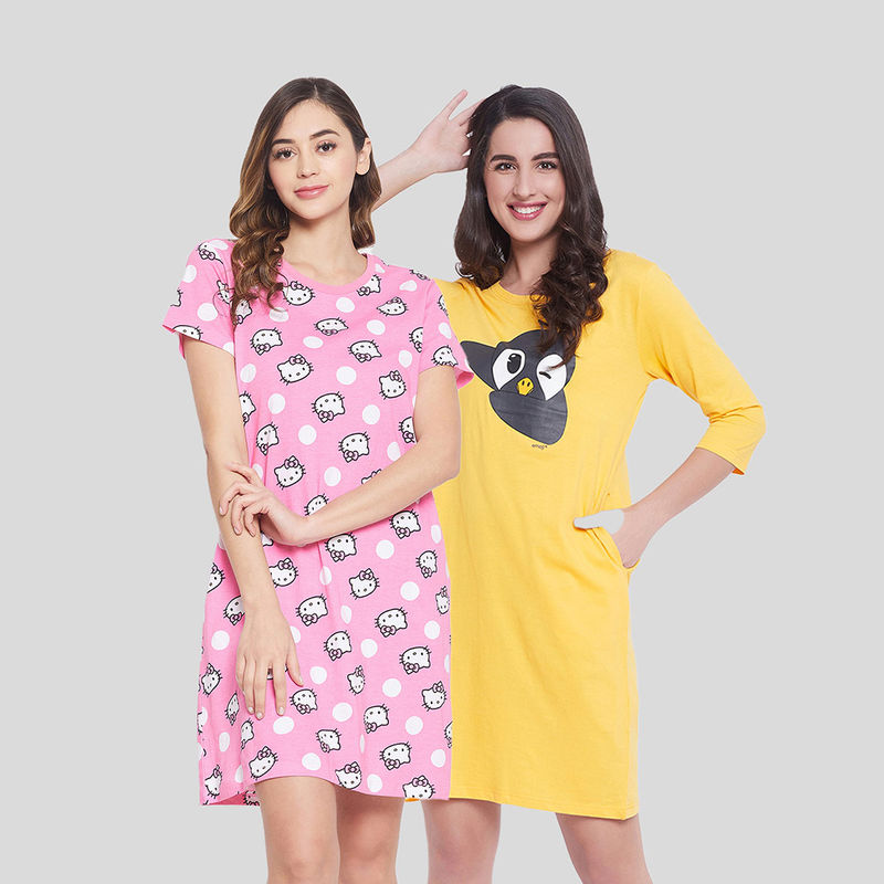 Clovia Pack of 2 Cotton Hello Kitty Graphic Print Short Night Dress - Multi-Colour (S)