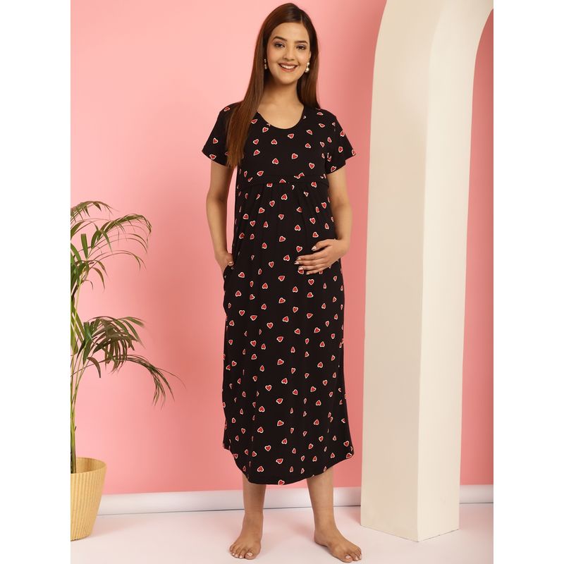 Secret Wish Printed Black Hosiery Short Maternity Feeding Nighty (M)