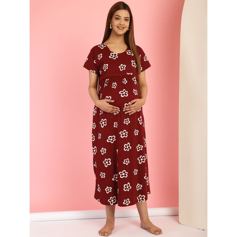 Secret Wish Floral Maroon Hosiery Short Maternity Feeding Nighty (M)