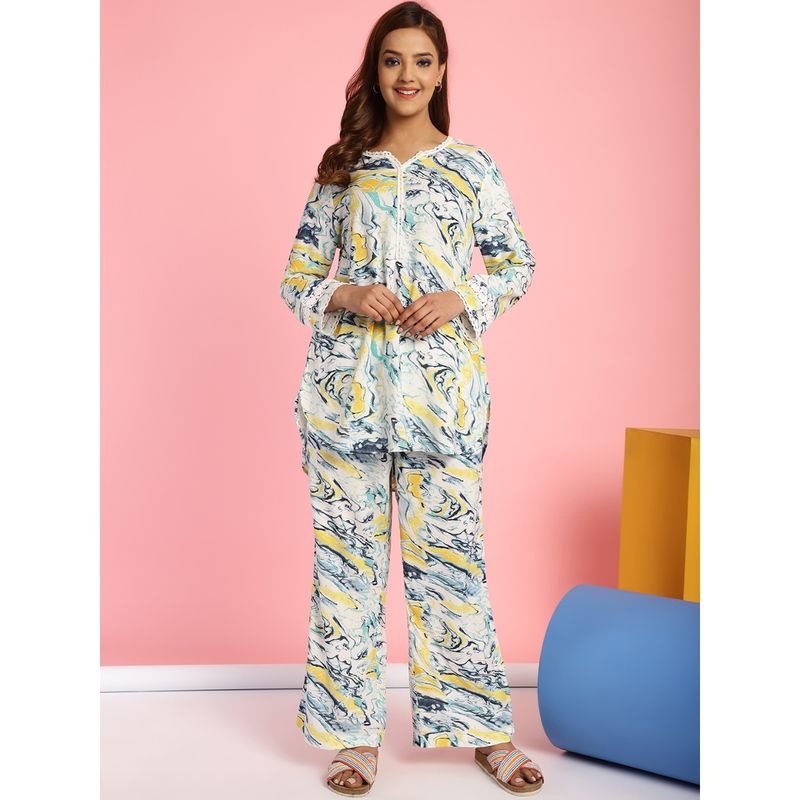 Secret Wish Abstract Print Rayon White Top & Pyjama (Set of 2) (S)