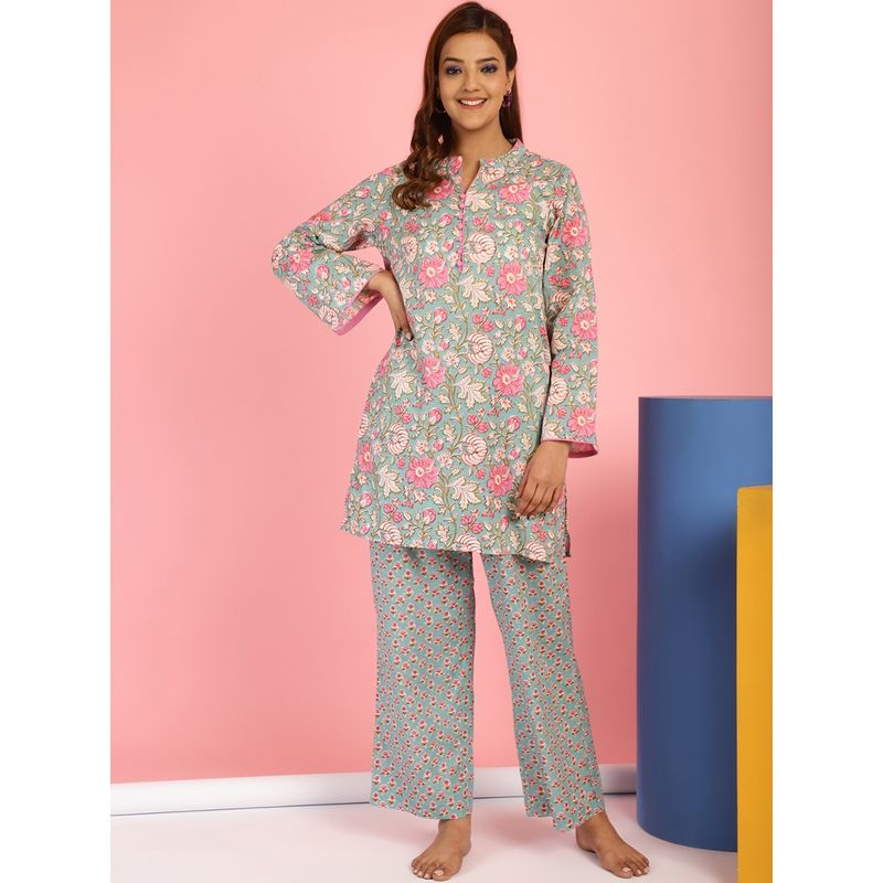Secret Wish Floral Print Cotton Blue Top & Pyjama (Set of 2) (S)