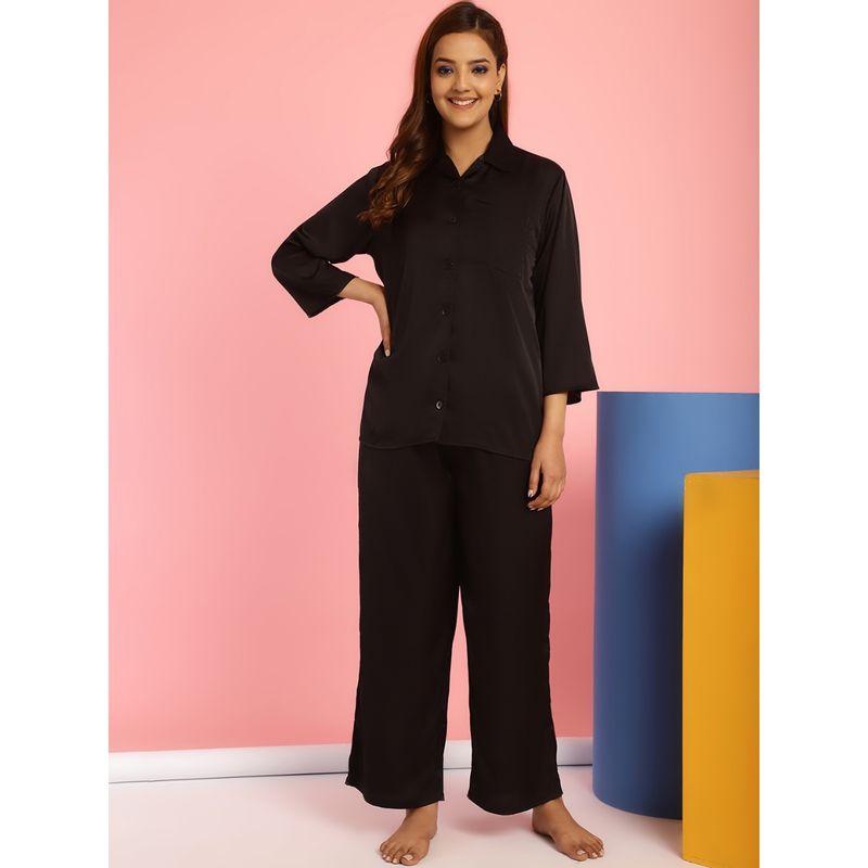 Secret Wish Solid Satin Black Shirt & Pyjama (Set of 2) (S)