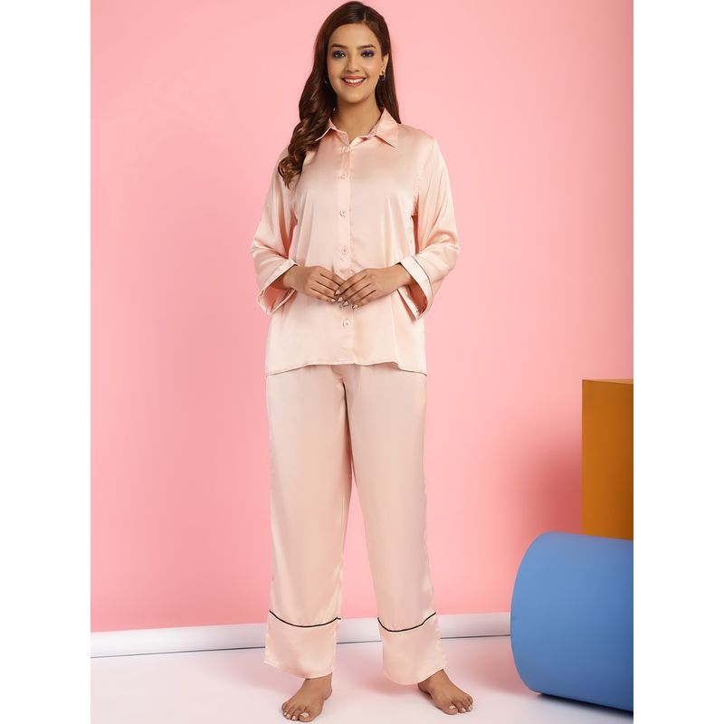 Secret Wish Solid Satin Peach Shirt & Pyjama (Set of 2) (S)