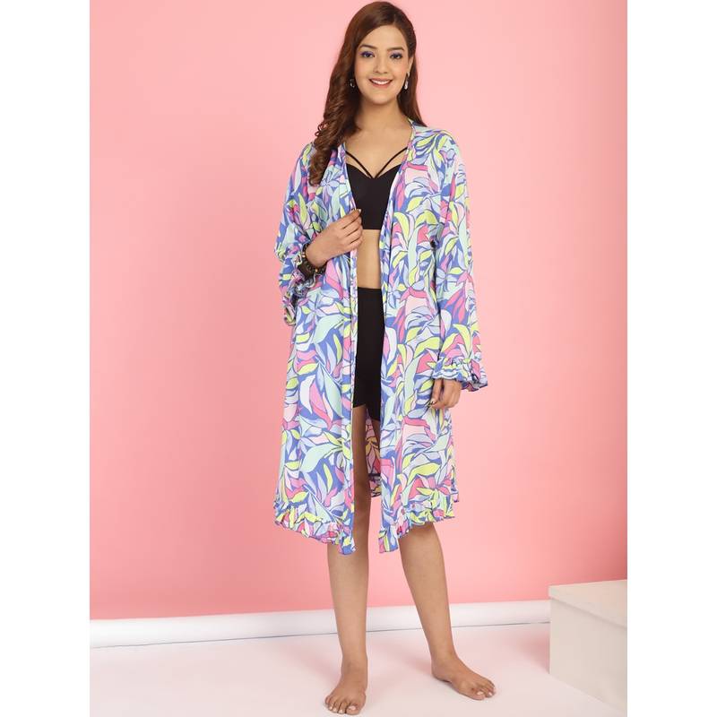 Secret Wish Floral Print Flared Sleeves Swimwear Cover Up Shrug (S/M)