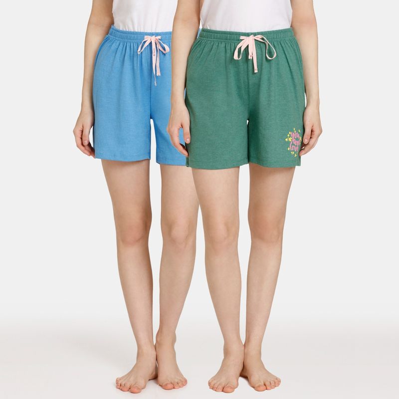 Zivame Rosaline Reclaimed Nature Knit Cotton Shorts - Green Blue (Pack of 2) (XS)
