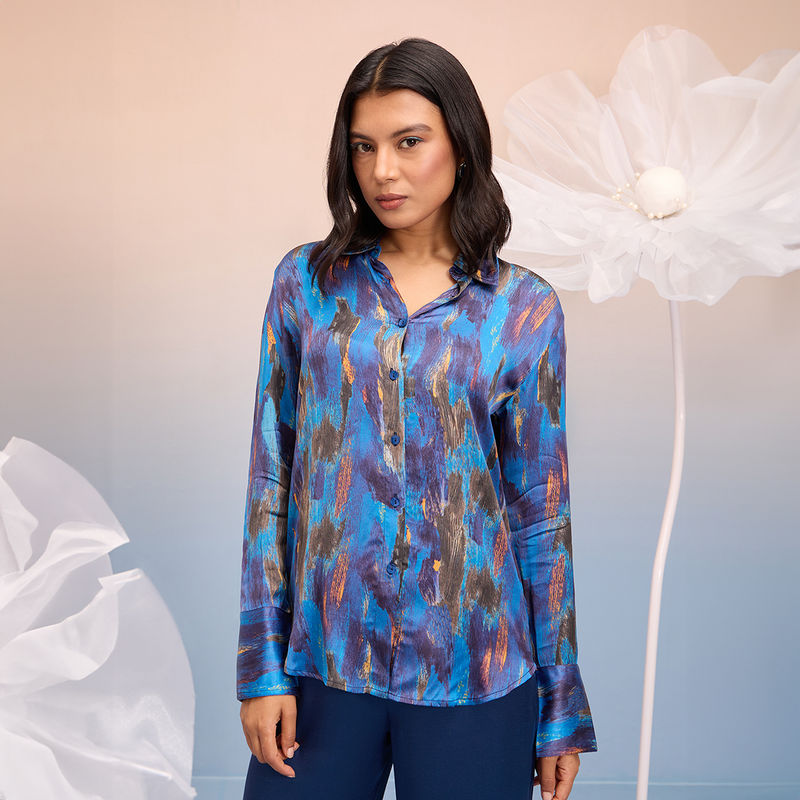 RSVP by Nykaa Fashion Blue Brush Stroke Printed Full Sleeves Satin Shirt (XS)