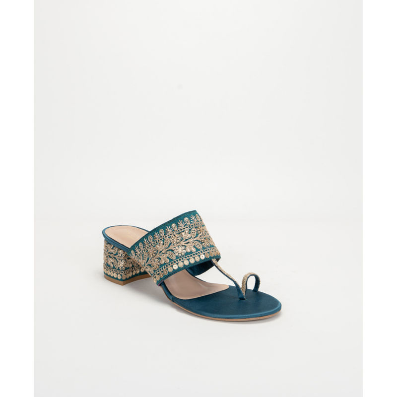 SCENTRA Lila Kolhapuri Block Heels Teal Green (EURO 36)