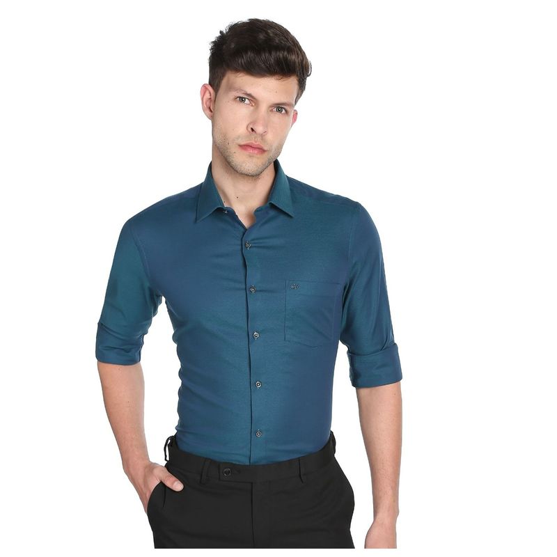 Arrow Men Teal Patterned Dobby Cotton Formal Shirt (39)