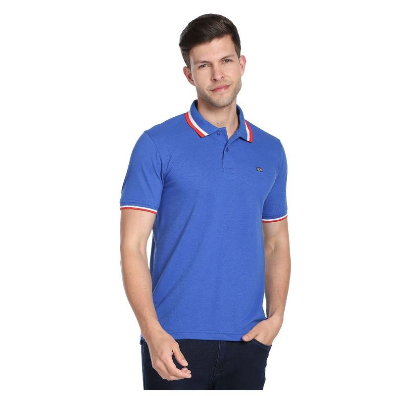 Arrow Sports Men Blue Striped Collar Pique Polo T-Shirt (L)