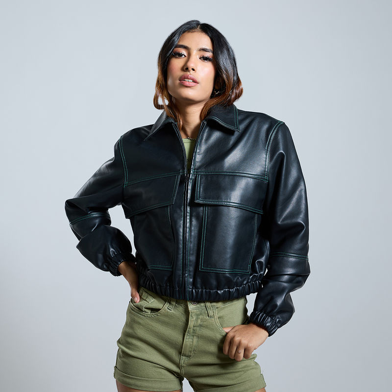 Black Solid Collar Neck Full Sleeves Leather Jacket (L)