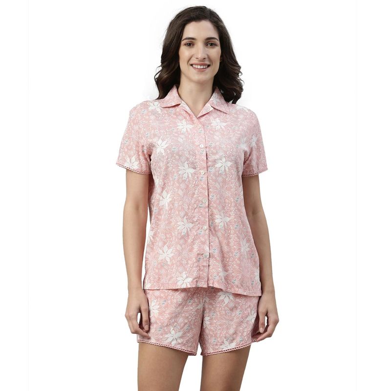 Enamor Essentials Womens EC13- Short Sleeve Printed Shirt And Mid Rise Shorts Set