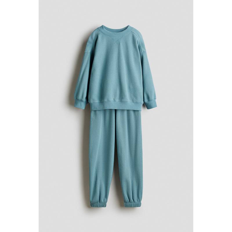 H&M Boys Turquoise 2-Piece Waffled Cotton Sweatshirt And Joggers (1.5-2 Years)