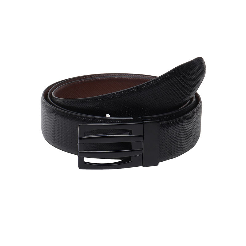 Teakwood Men Black & Brown Textured Leather Semi Formal Reversible Belt (40)