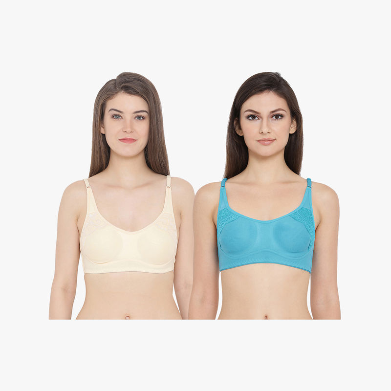 Clovia Pack Of 2 Cotton Non-padded Non-wired Full Coverage Bra With Lace - Multi-Color (40B)