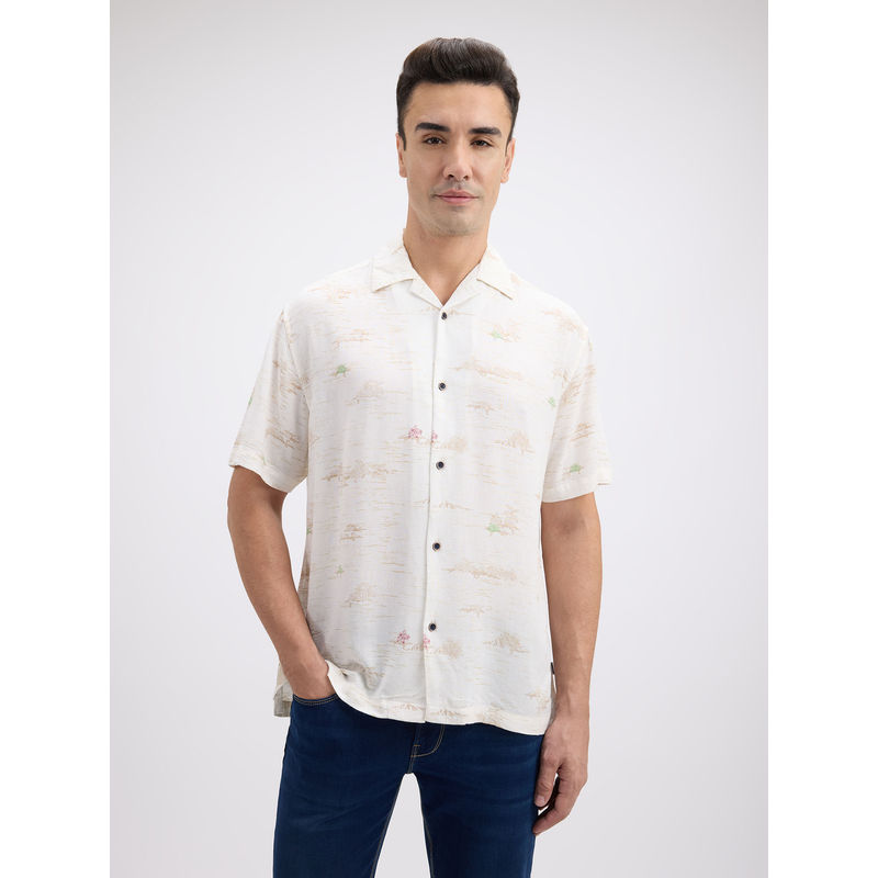 Pepe Jeans Men Floral Print Resort Collar Short Sleeve Linen Shirt (S)