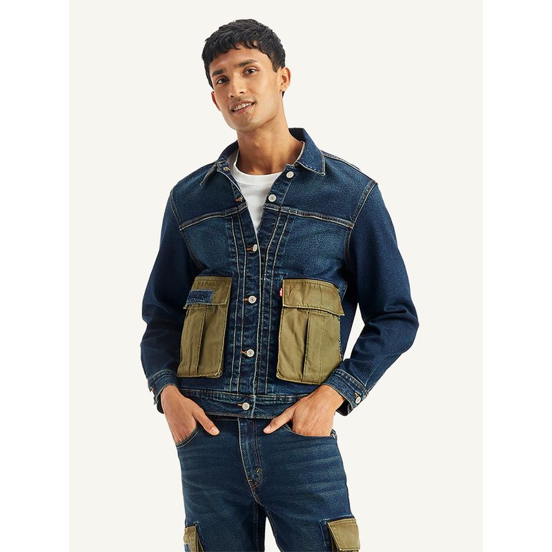 Levi's Mens Solid Navy Spread Collar Denim Jacket (XL)