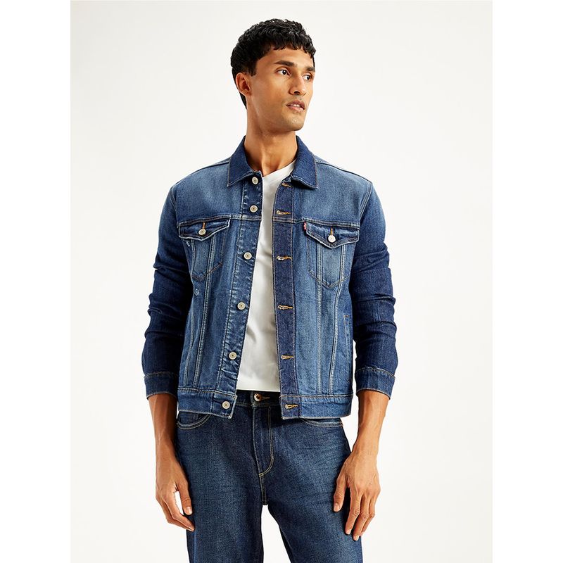 Levi's Mens Solid Blue Spread Collar Denim Jacket (XL)